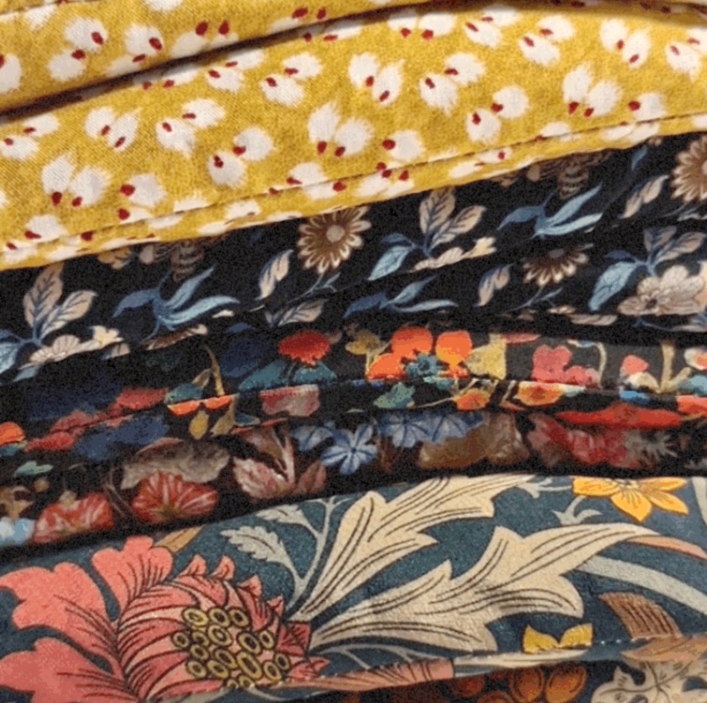 close up picture of fabrics available in our silk range eye pillows, handcrafted by WheatBagHeaven