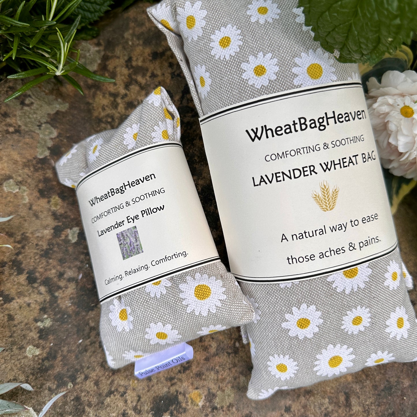 WheatBagHeaven wheat bags and eye pillows in a cotton Daisy print. Ready to post holistic solutions for relaxation and comfort 