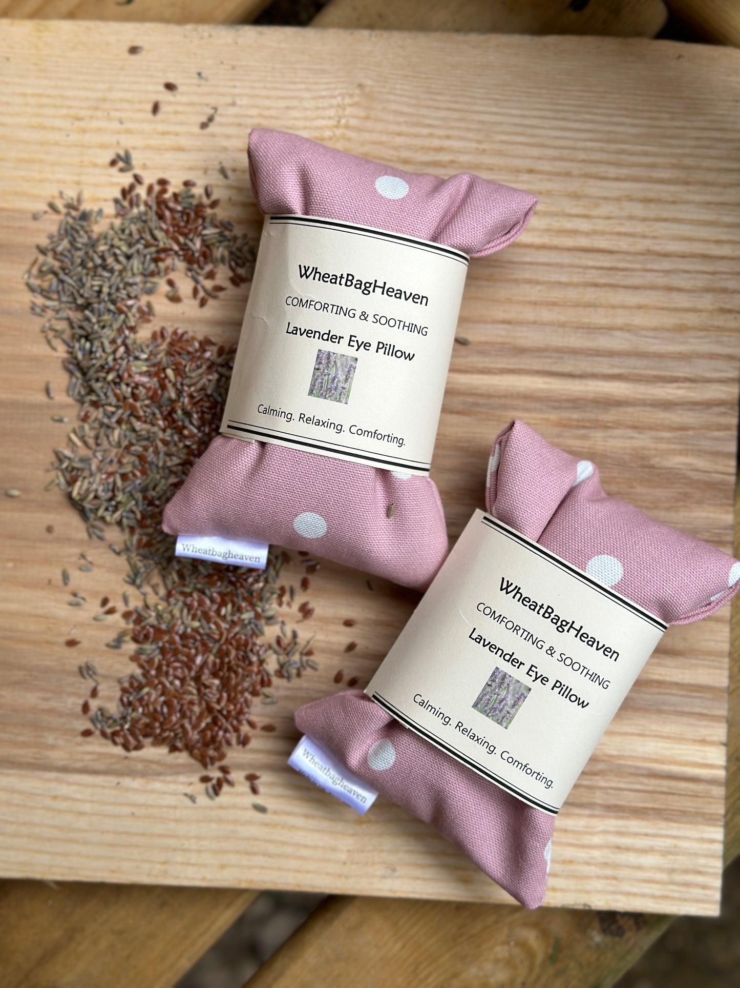 flax seed eye pillow for yoga meditation in a lovely pink dotty cotton fabric
