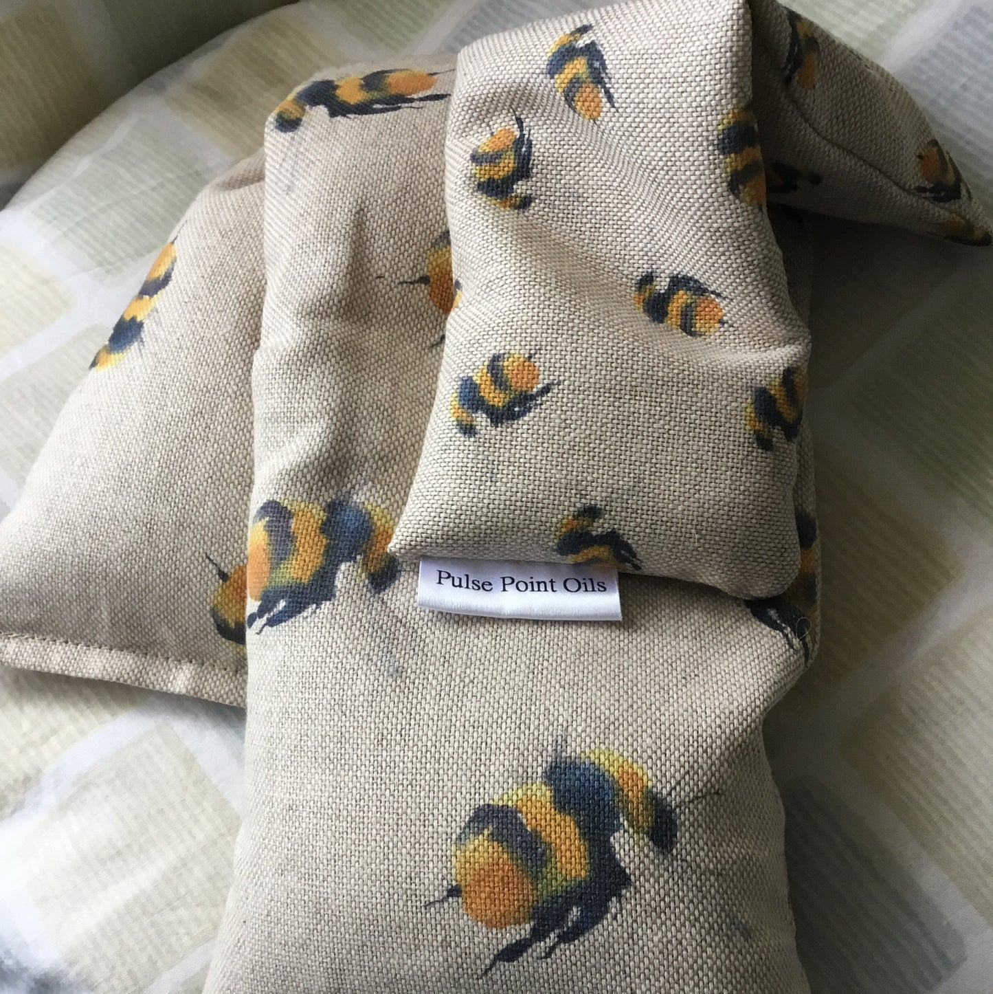 Gardeners cotton long holistic wheat bags. Lavender scented, yellow bumble bee heating pad. Hot and cold compress for pain