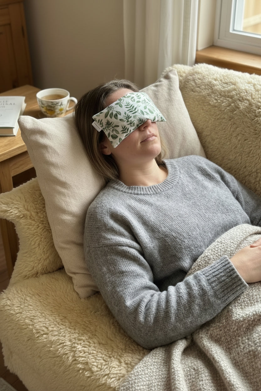 A woman lying on a beige armchair with a pillow and blanket, she is using a cooled eye pillow to stave off a headache. The eye pillow is light green leaf print with a white base. She is wearing a gray knit sweater and looking upward.