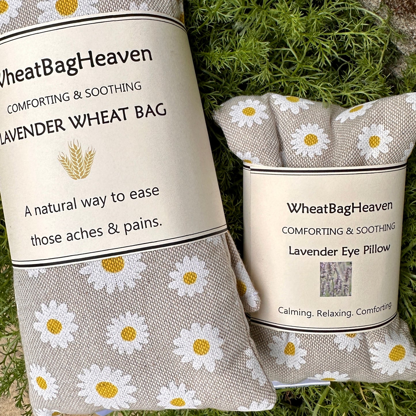 Daisy printed lavender wheat bags and eye pillows for comfort and relaxation. Handcrafted by wheatbagheaven.com both available individually and ready to post
