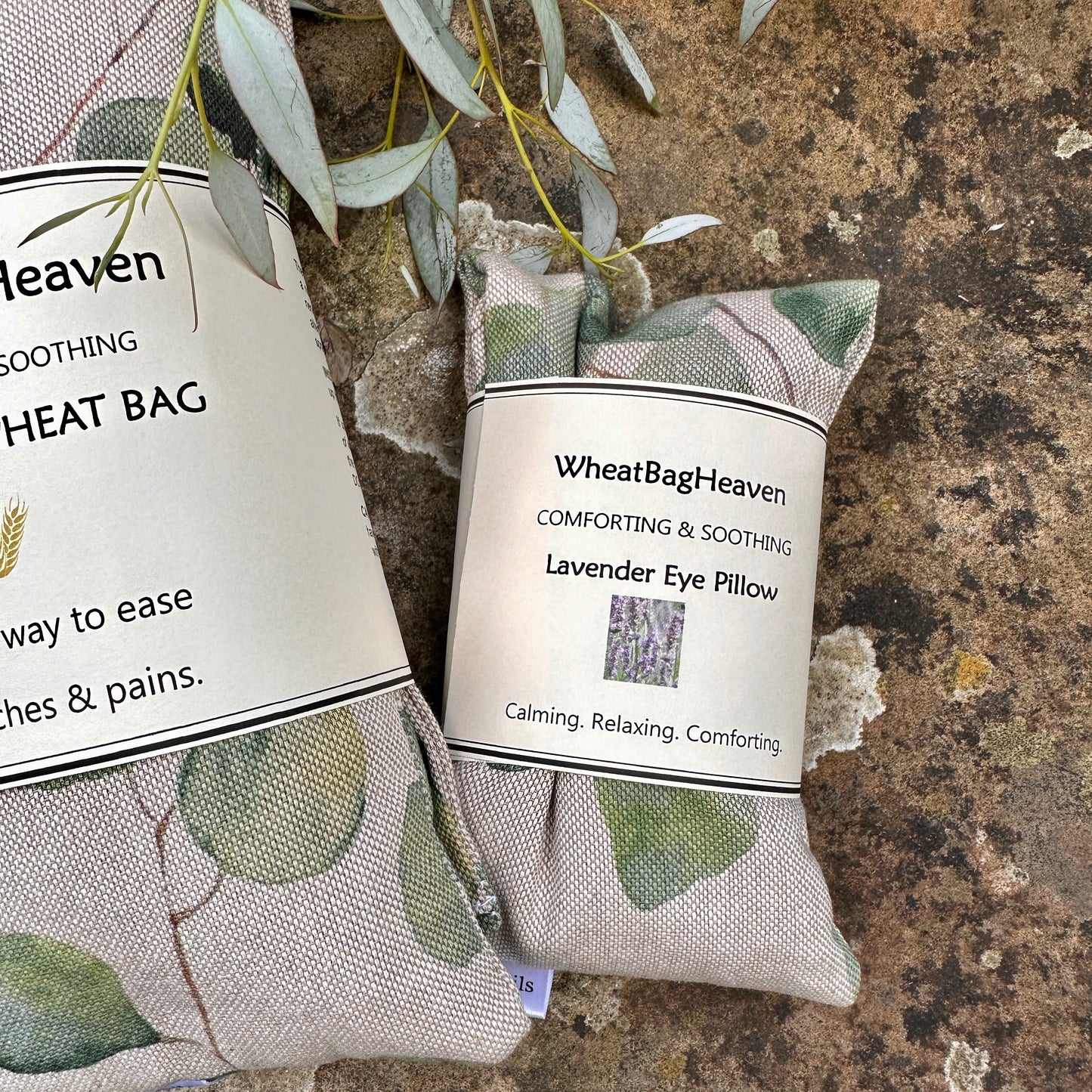 Flax seed filled eye pillow from wheatbagheaven.com in a lovely cotton beige fabric with eucalyptus leaves size approx. 20x10cm