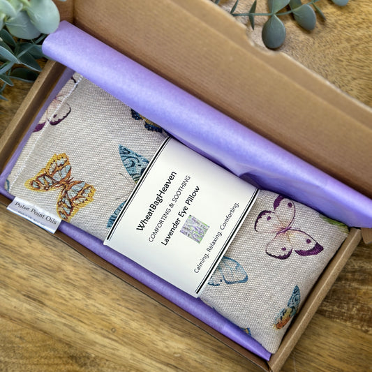 butterfly cotton print eye pillow with organic flaxseed and English lavender, wrapped in tissue letterbox gift