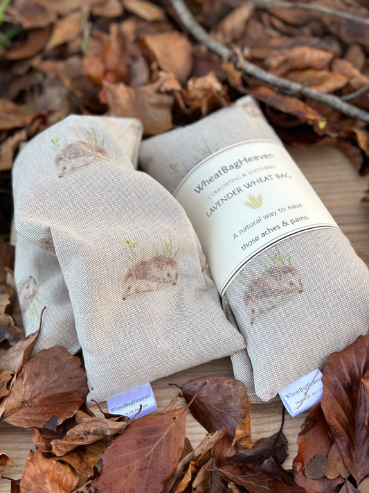 Two hedgehog printed lavender wheat bags sat amongst fallen leaves, handcrafted by WheatBagHeaven 