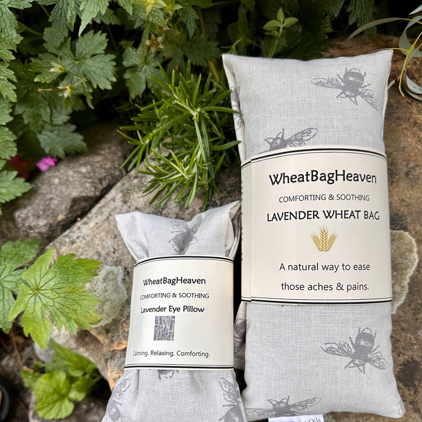 Lavender scented wheat bag with matching eye pillow in a cream cotton fabric with bumble bee print. Self care package for her from WheatBagHeaven