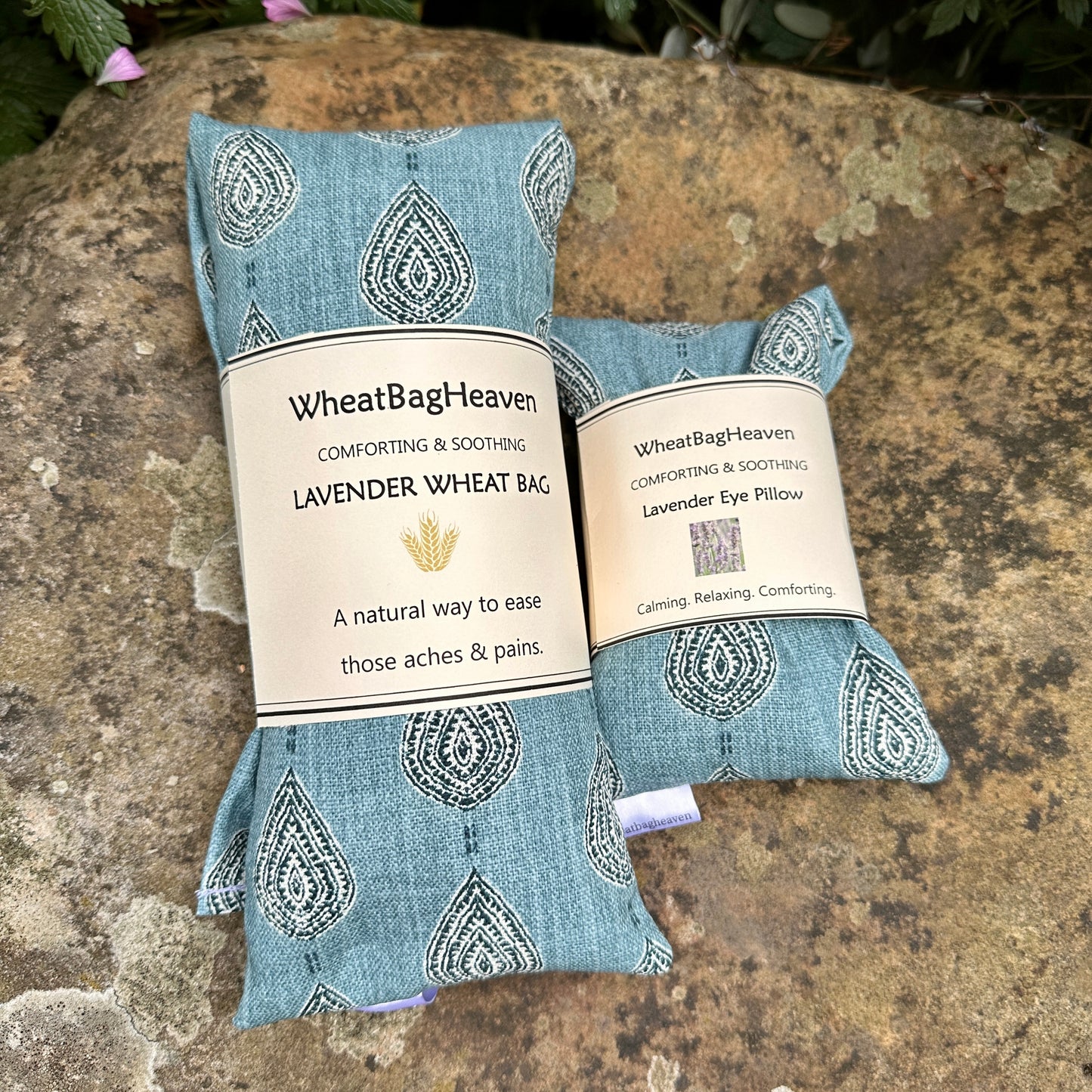 Blue teal printed lavender scented wheat bag and eye pillow from Wheat Bag Heaven