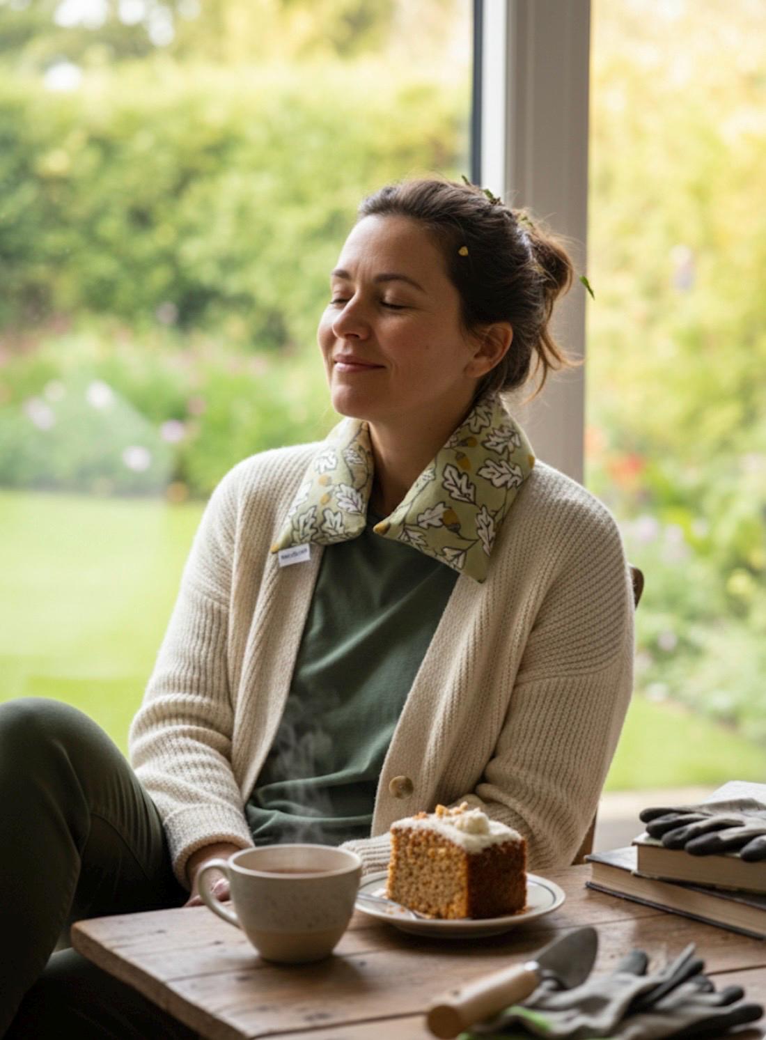 A woman just com in from the garden with a cuppa tea and a slice of cake sat relaxing with 'Acorn wood' printed lavender wheat bag around her neck. The wheat bag is handmade in Somerset by WheatBagHeaven and is sage green in colour with an all over white grey lined oak leaves and ochre acorns print on medium weight cotton