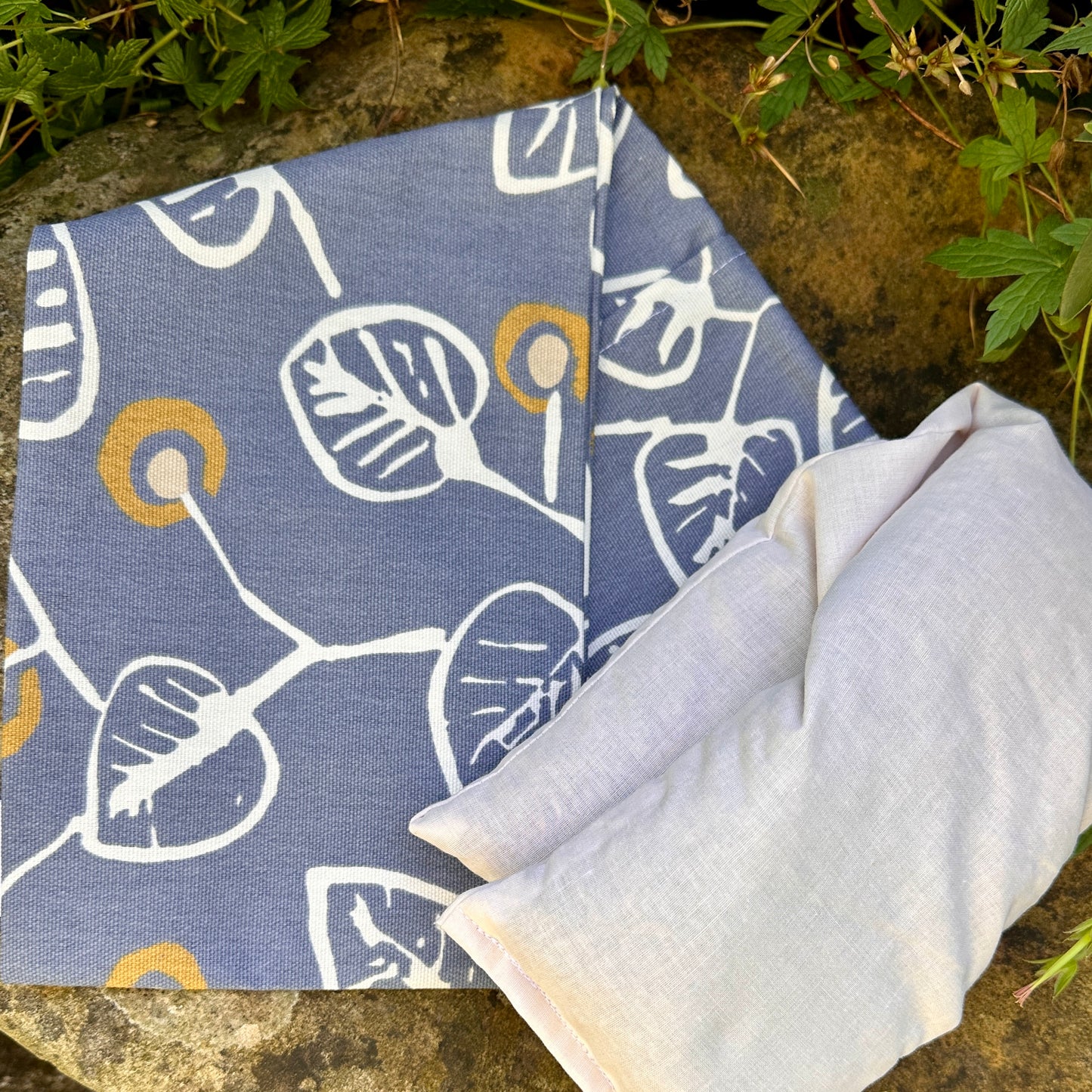 denim blue wheat bag with removable, washable cover