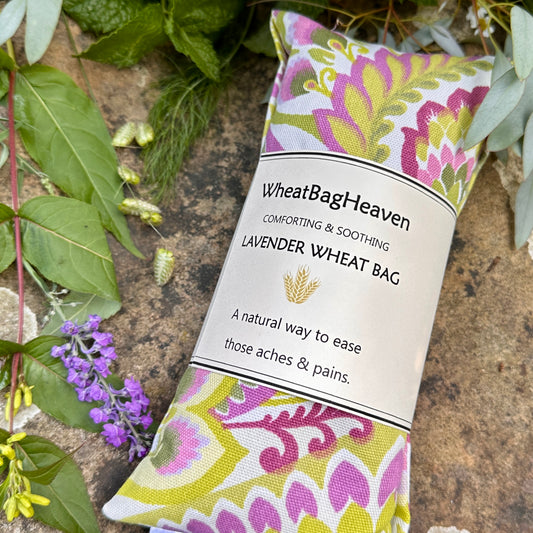 Lavender wheat bag. Nikita Green Orchid printed fabric.