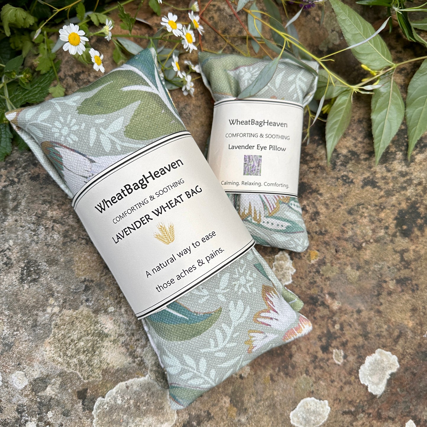 Green floral wheat bag with lavender flower. Eye pillow filled with lavender.