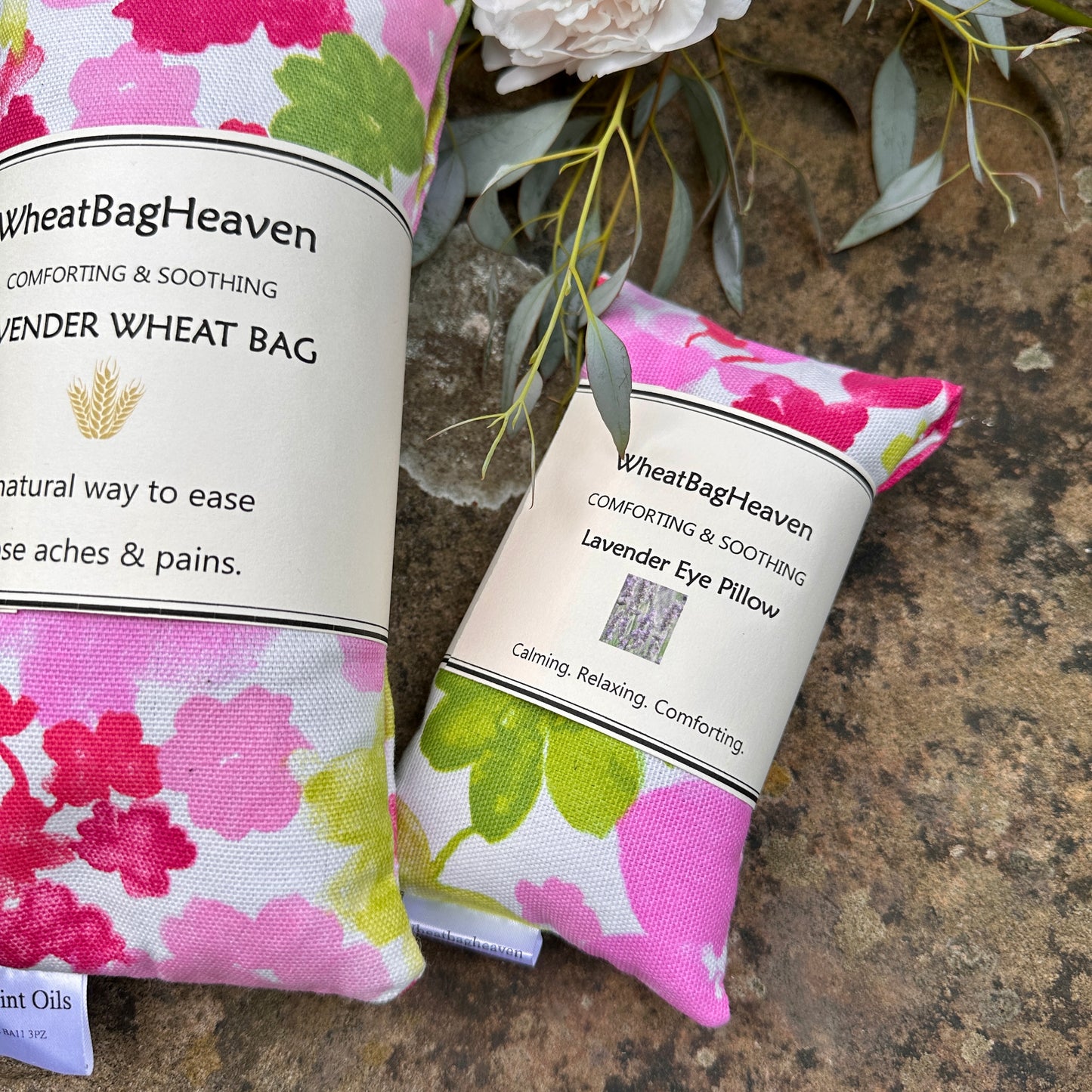 close up of wheatbagheaven peony printed eye pillow size 20x9cm filled with flaxseed for comfort and sleep