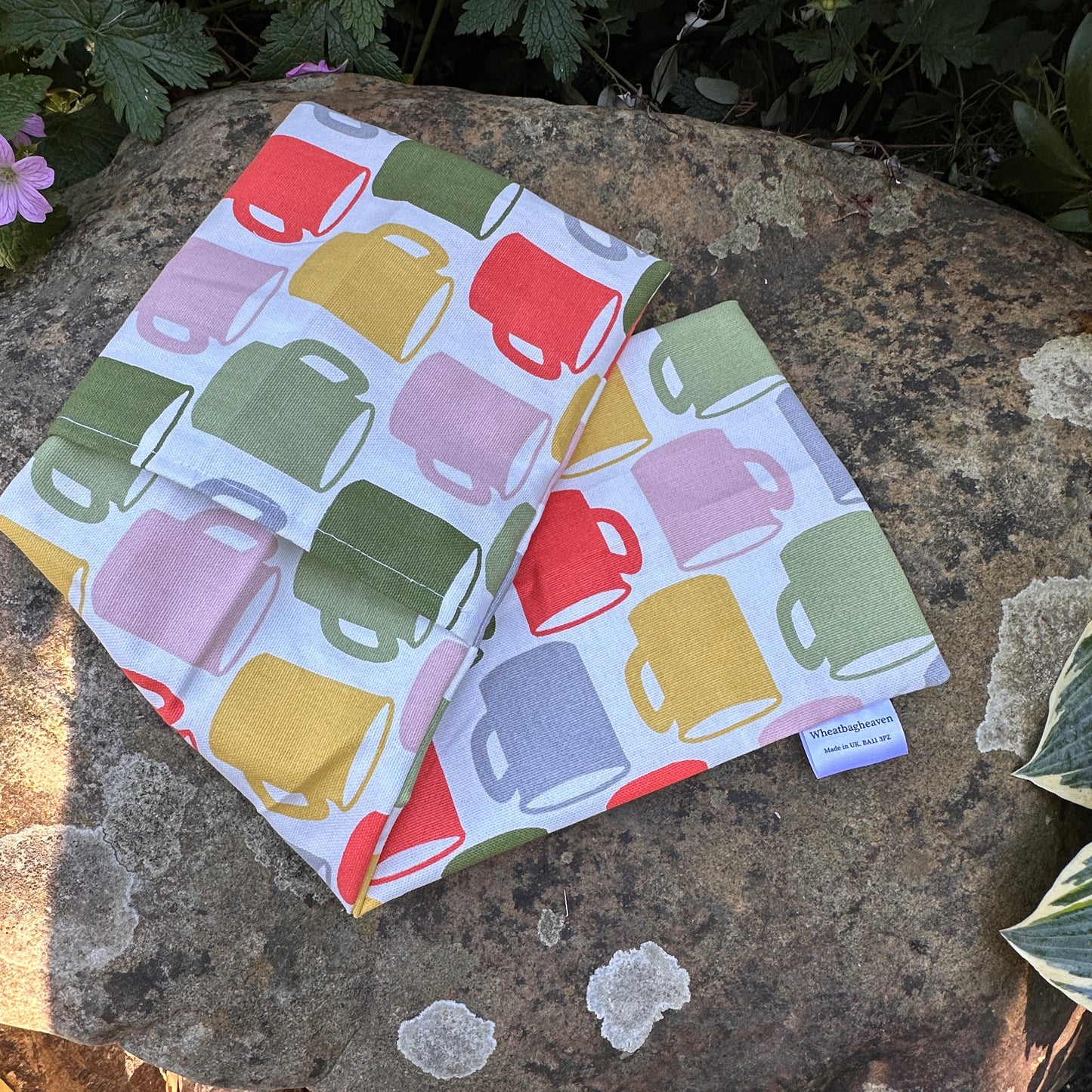 Tea/coffee lover lavender scented wheat neck bag. Practical, reheat-able natural pain relief soothing care wheat bag