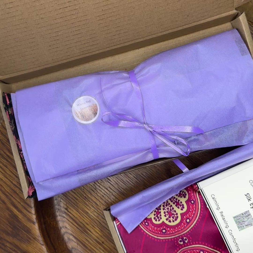 short video unwrapping a silk art deco printed eye pillow handcrafted by WheatBagHeaven