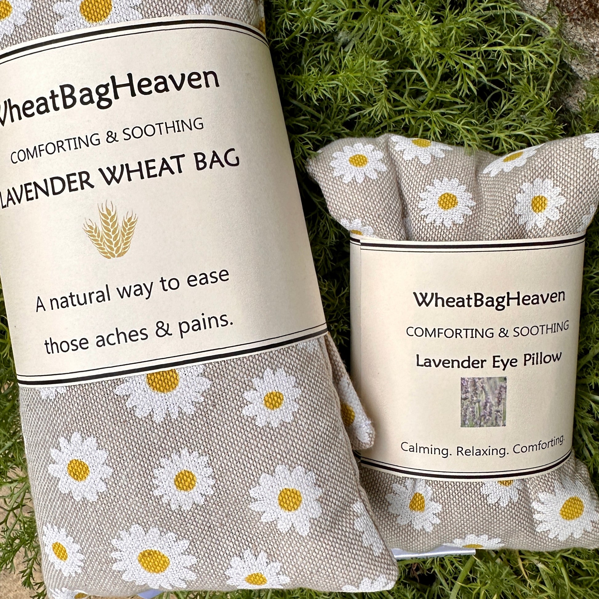  the perfect wellbeing gift, daisy printed lavender scented wheat bag and eye pillow combination, ready to gift holistic solutions for self care 