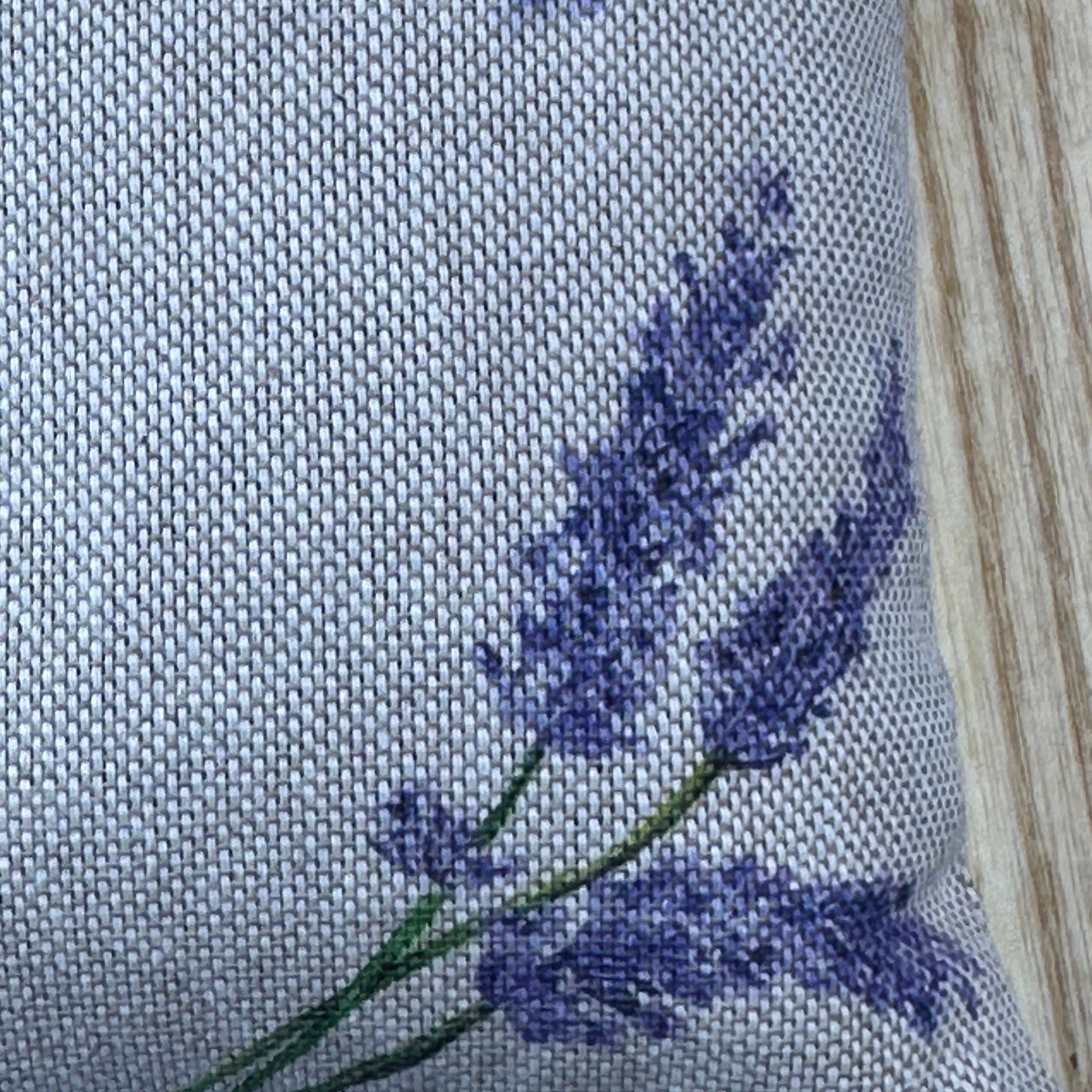 Close up of wheat bag with English lavender and lavender sprigs print 