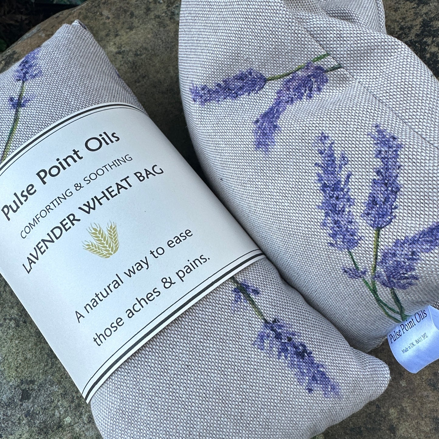 Our Lavender sprigs printed microwaveable wheat bags are practical and warming, with English Lavender flower