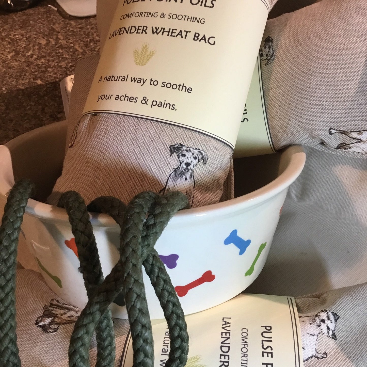 lavender dog print wheat wrap in a dog bowl with lead