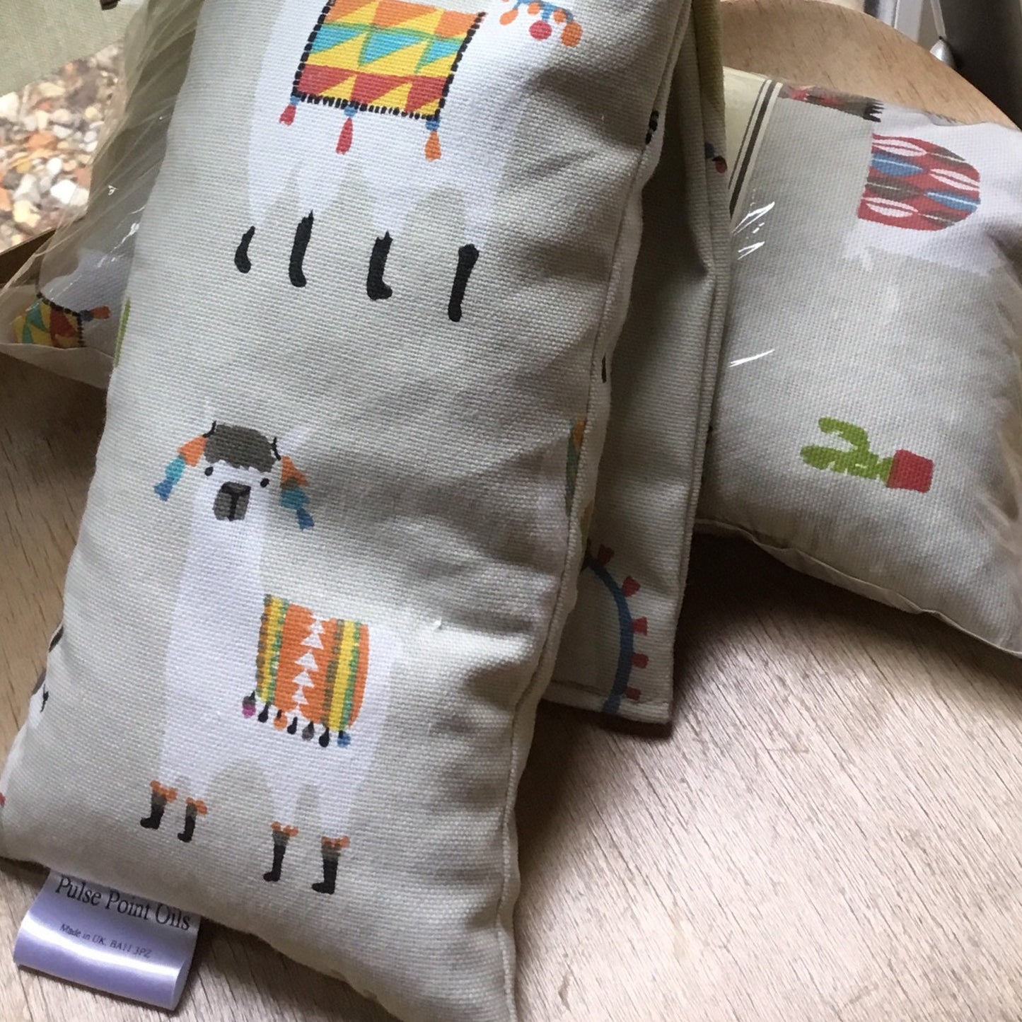 lavender wheat bag, llama print body warmer, long heat wrap.