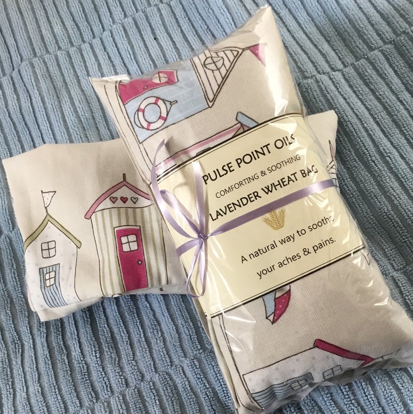 lavender wheat bag, beach hut print.