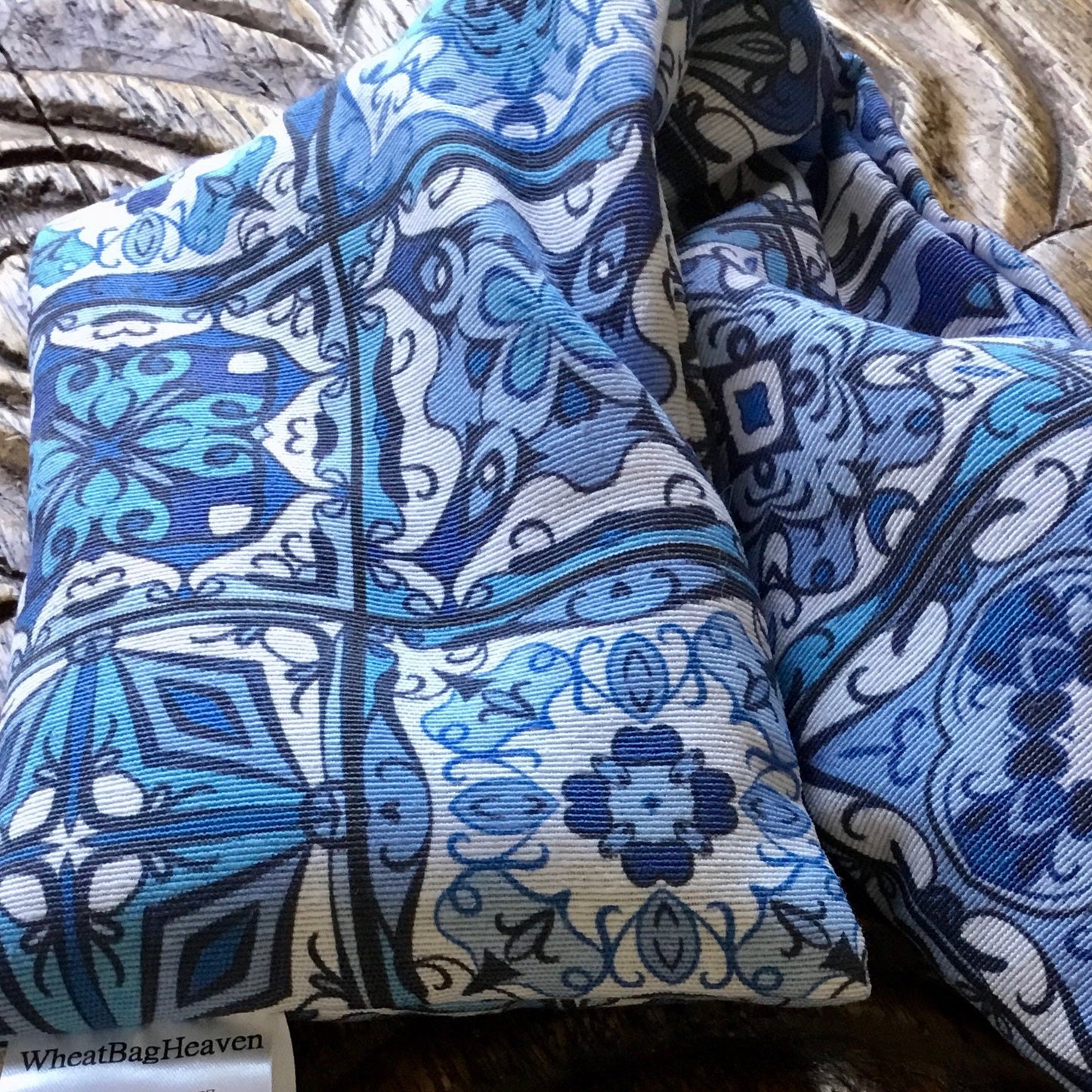 Moroccan blue tile print, lavender scented wheat bag. Heat treatment pad for natural pain relief.