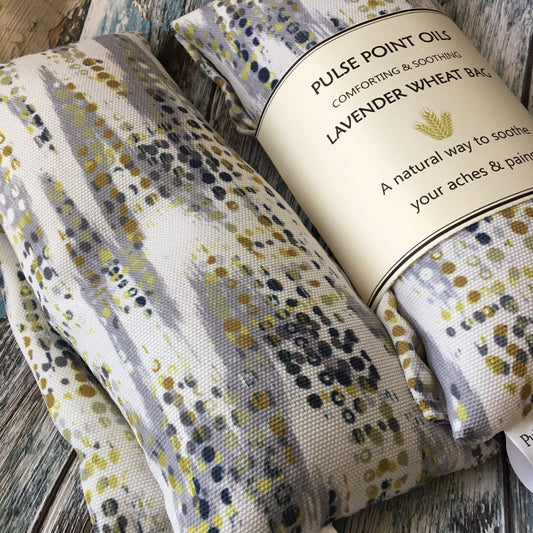 Men’s long cotton wheat bags, his seasonal self care gift. Lavender scented stocking filler heating pad. 