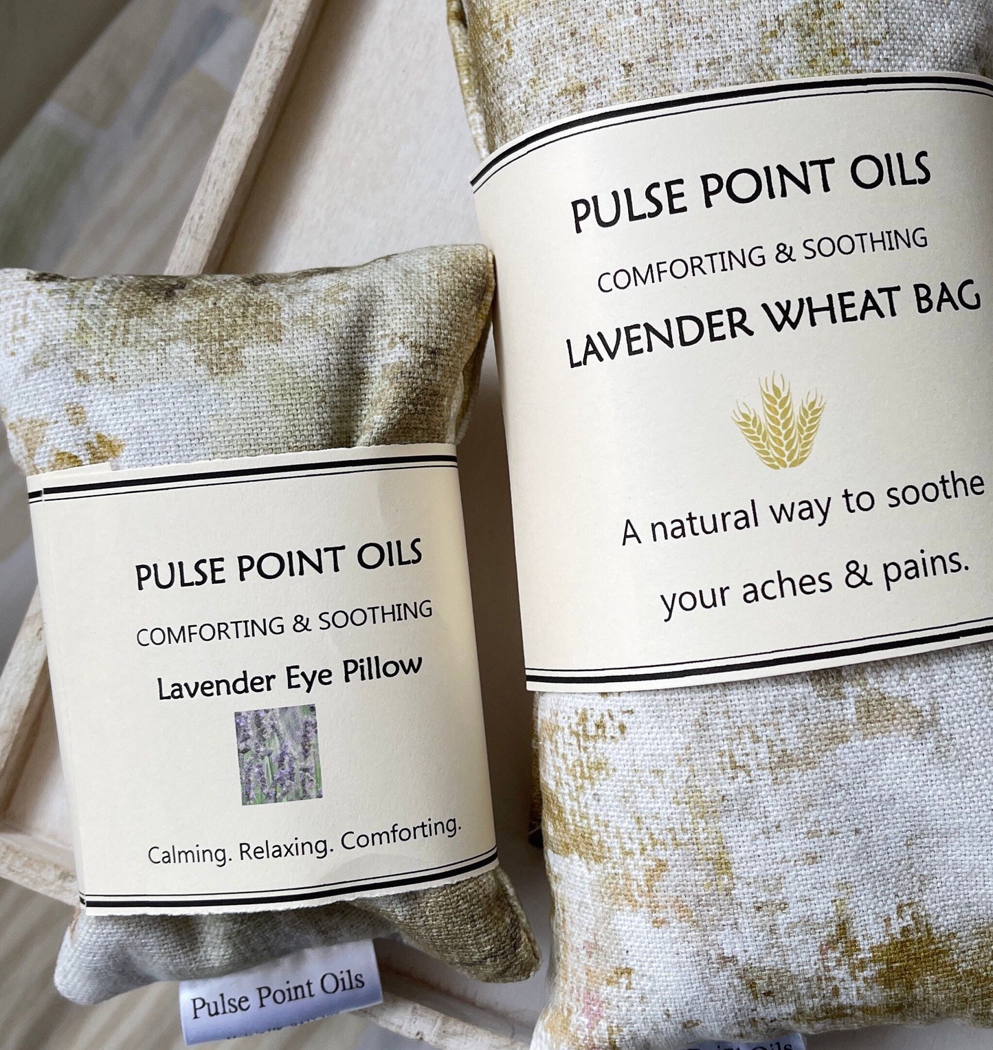 Long lavender scented wheat bag and eye pillow in botanical birch woodland print.