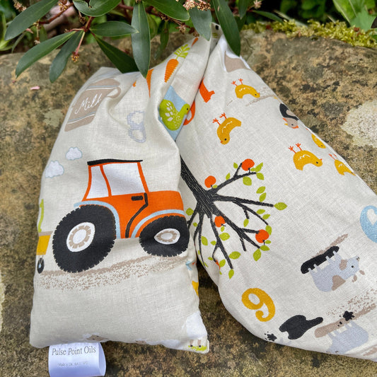 children's wheat bag, tractor cotton print heat wrap with lavender from wheatbagheaven.com