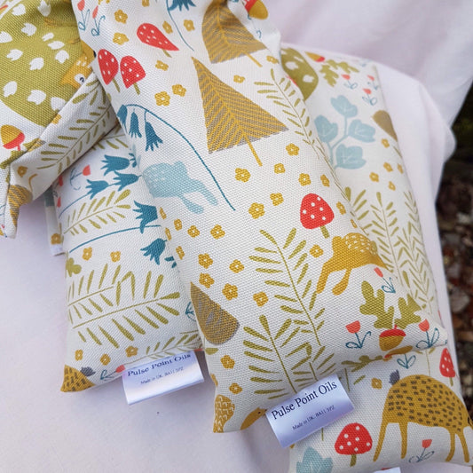 Children’s Wheat bags in a lovely woodland animal print, lavender scented heat pad wrap snuggle up bag for kids.