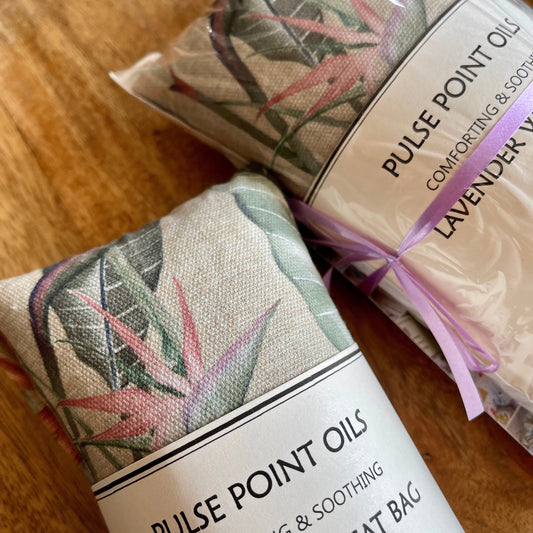 Lavender wheat bags, wellness and wellbeing gifts in tropical paradise print
