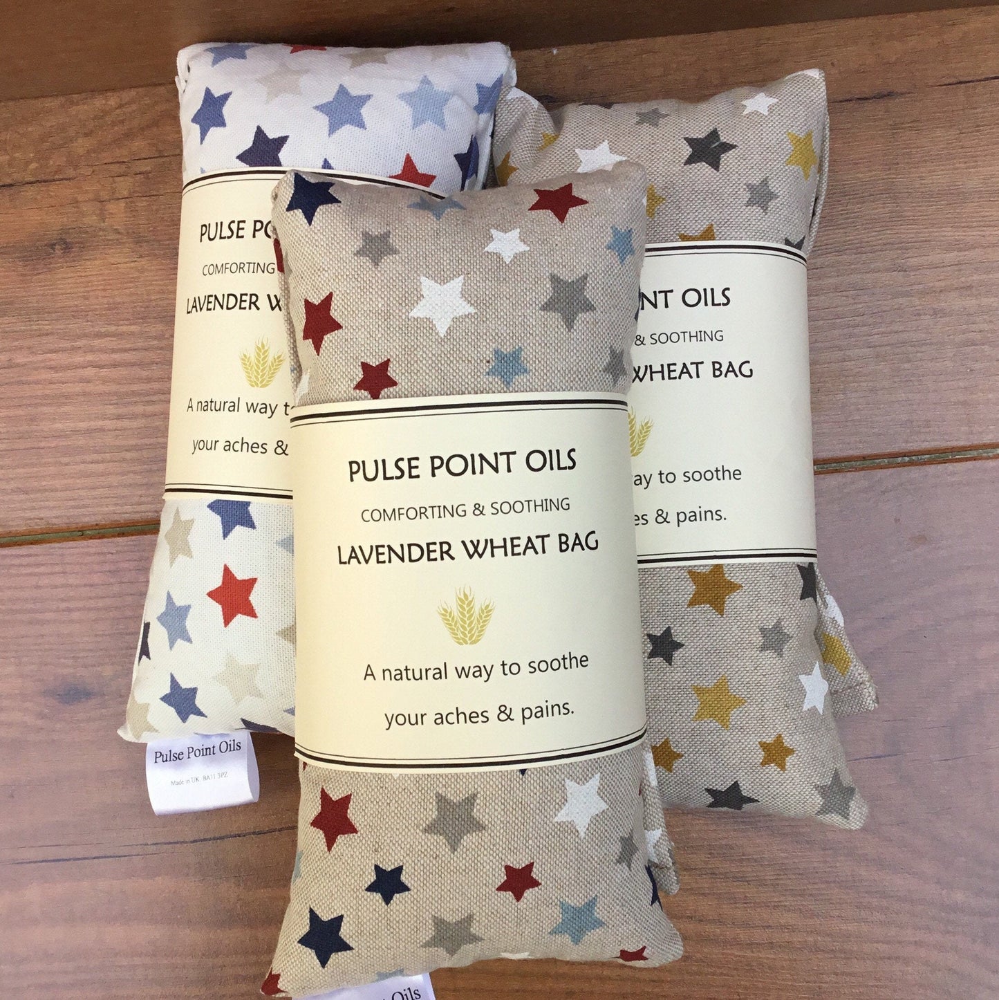 Long Wheat bags. Star cotton fabric heat pack with lavender flower for relaxation.