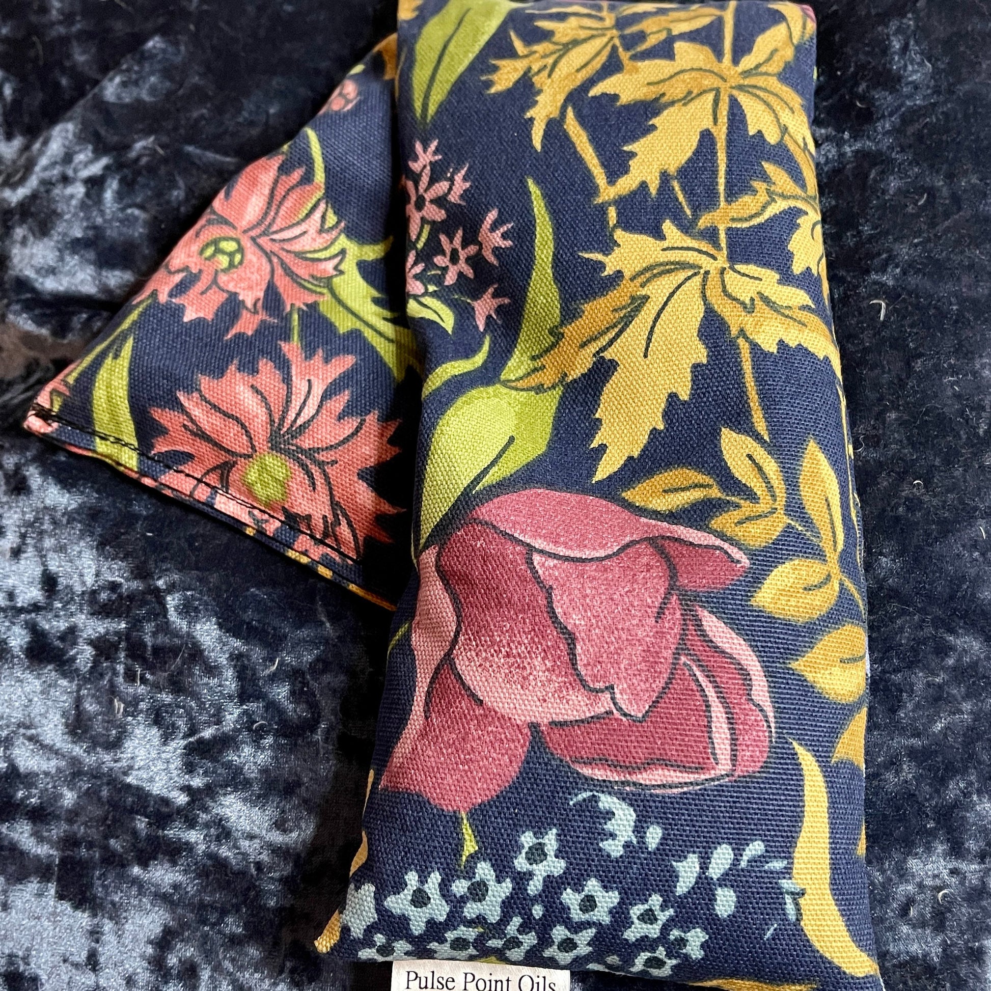 double stitched lavender wheat bag, dark floral print hot/cold compress handmade, hand filled gardener's heat pack