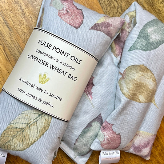 Lavender scented body heat wrap, leaf print, wheat bag hottie. 