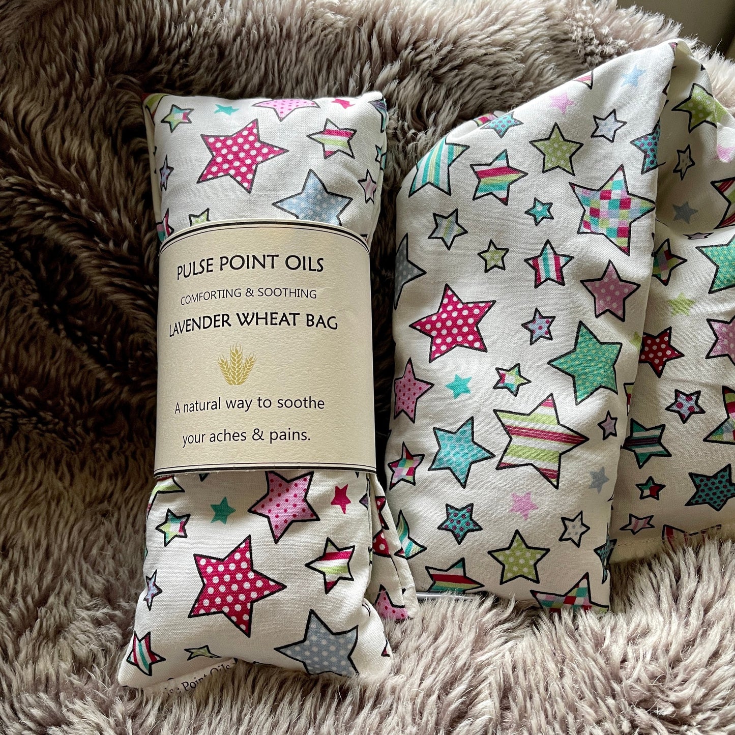 wheat bags, lavender scented, heatable wrap for children in a lovely star fabric