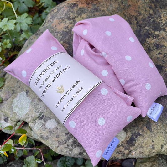 English lavender scented wheat bag for wellness, wellbeing and self care. Pink Dotty heat wrap
