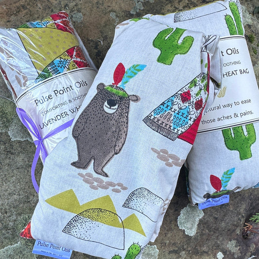 children's wheat bags with lavender buds in bear and Indian tipi cotton print fabric