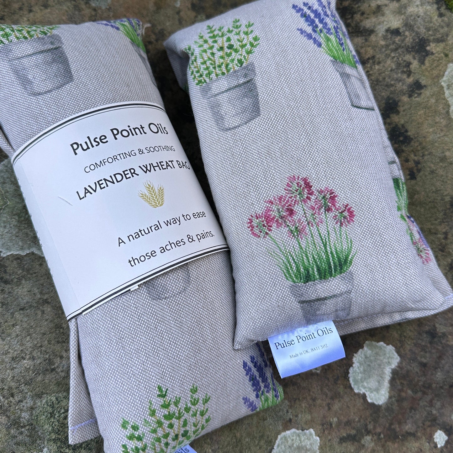 two Lavender scented wheat bags. Potted plants printed cotton wrap