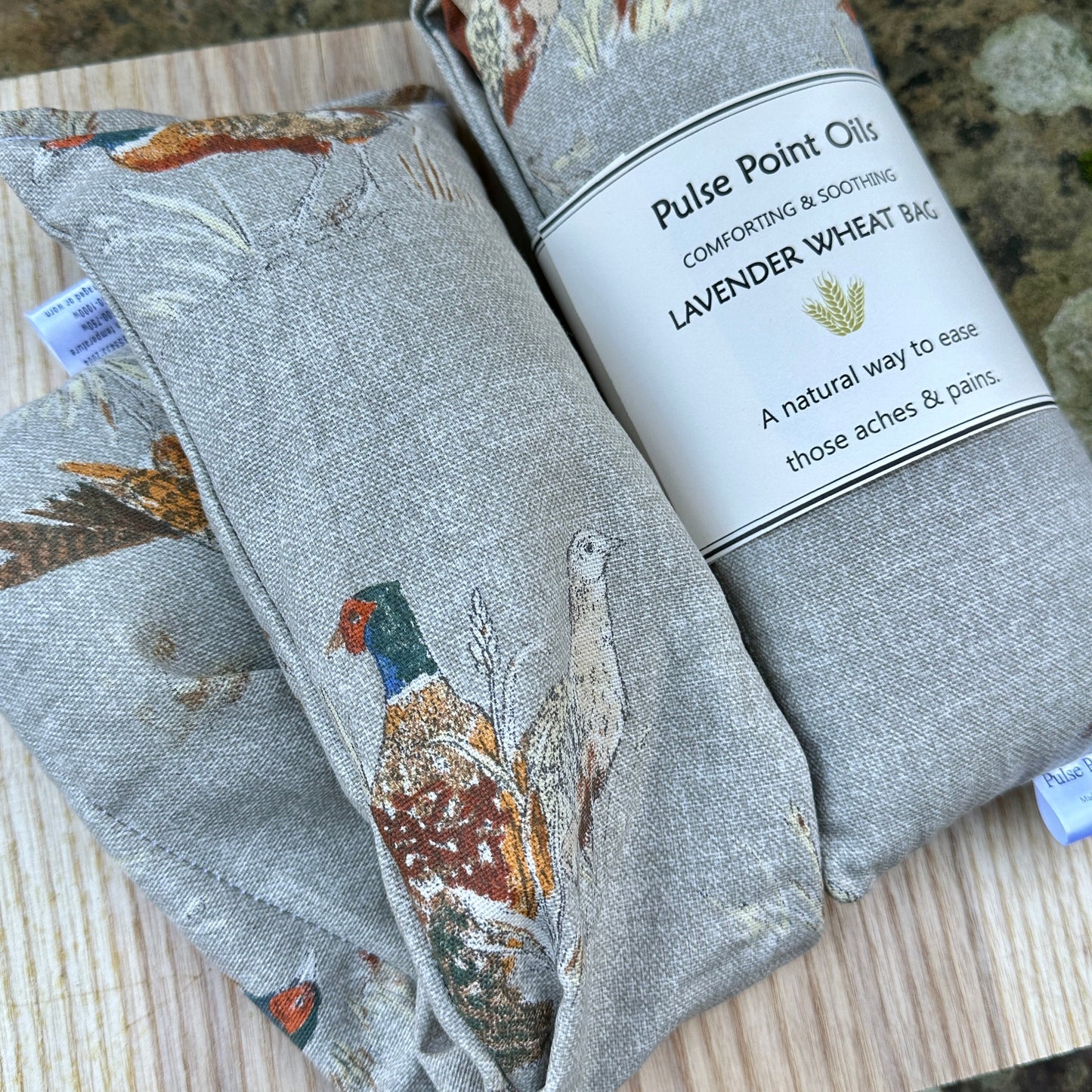 Pheasant printed, microwave lavender wheat bag. Lavender scented stress relieving, warming neck wrap