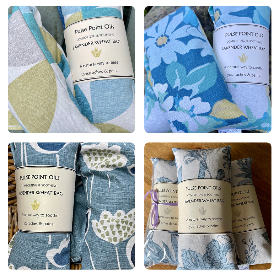 collection of four wheat bags in shades of blues and greens, handcrafted by WheatBagHeaven