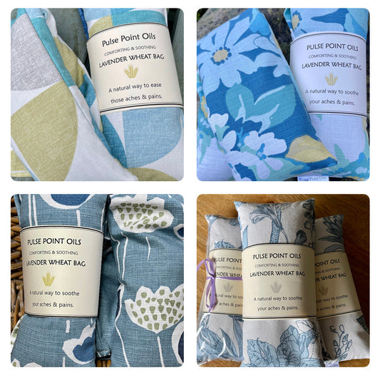 collection of four wheat bags in shades of blues and greens, handcrafted by WheatBagHeaven