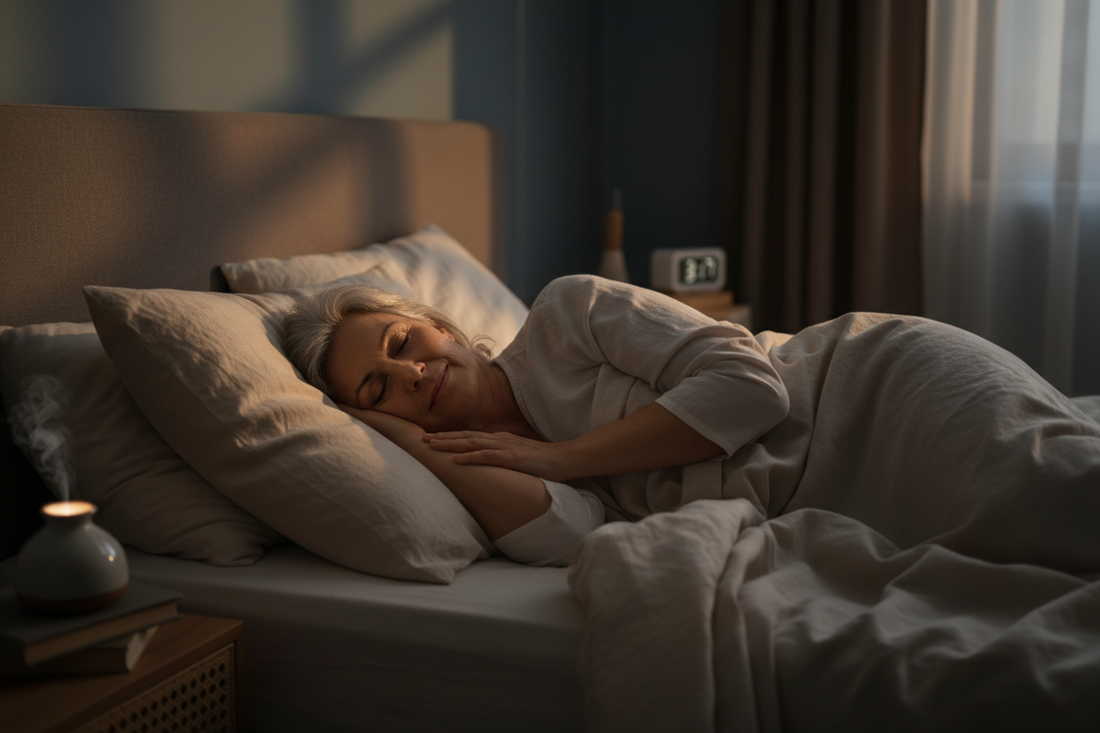 a mature woman sleeping on her side comfortably in a darkened room with early morning light coming in through the window