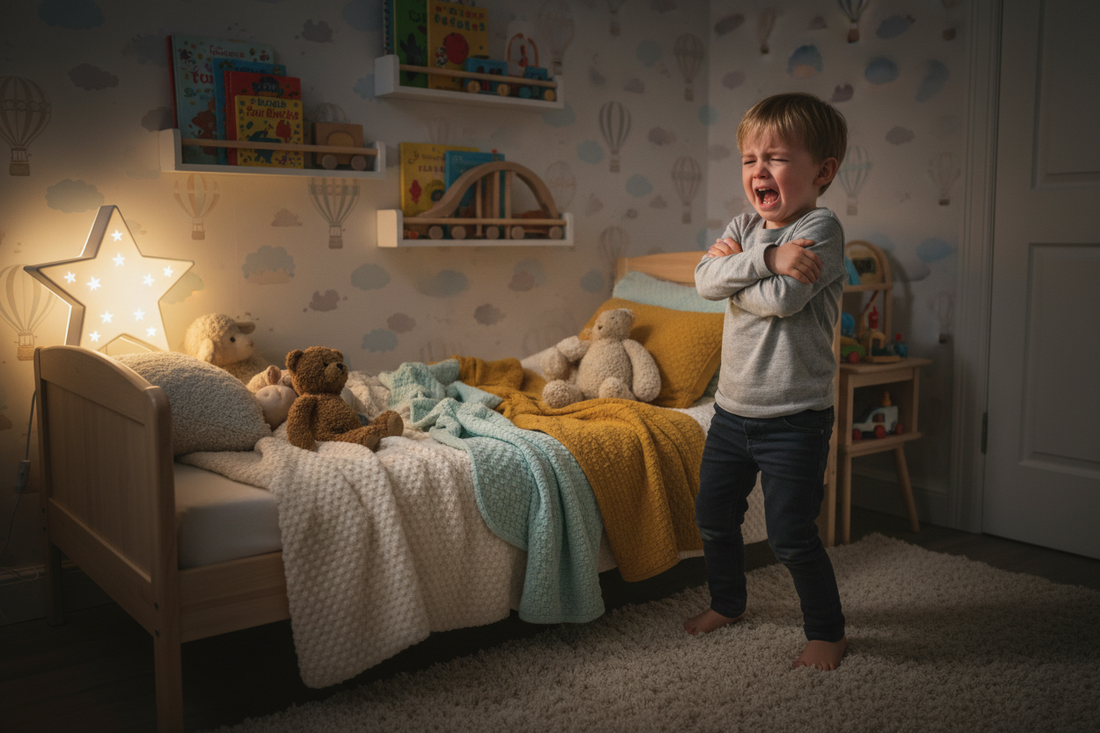bedtime battle with a young male child not wanting to go to bed and having a tantrum. The bedroom has cloud wallpaper and a large star light and three shelfs filled with toys. The small bed has blanket coverings 
