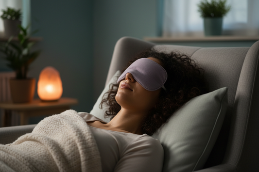 lady resting with a headache using a flax seed eye pillow from WheatBagHeaven to ease the pain and block out the light