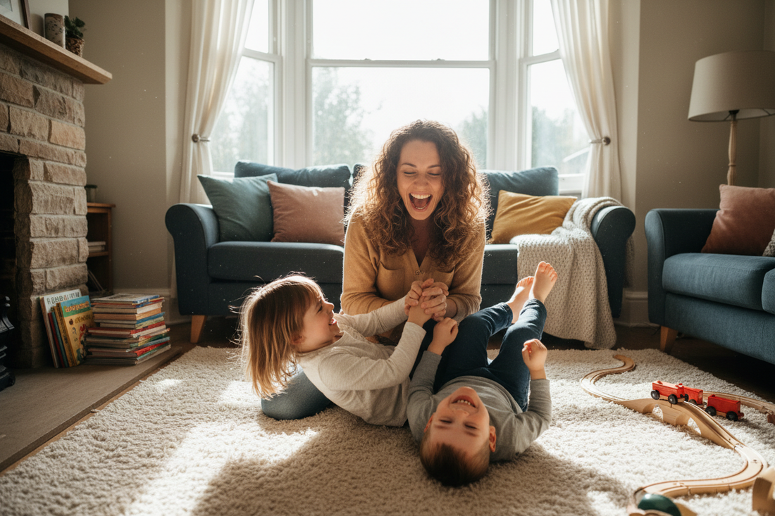 a mother playng with her two children on the floor in the front room with green sofas in the background and a child's wooden train set to one side