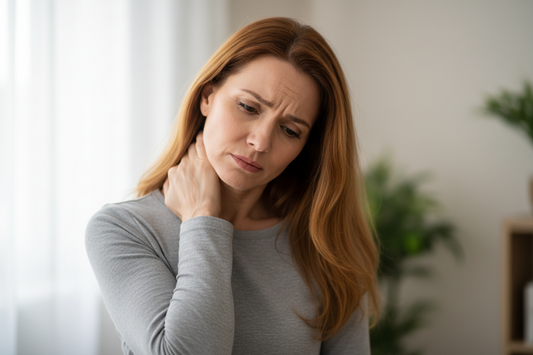 A woman with long auburn hair suffering with neck pain in a home setting