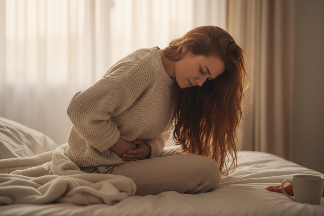 A lady with long flowing aurban hair grasping her stomach with period cramps