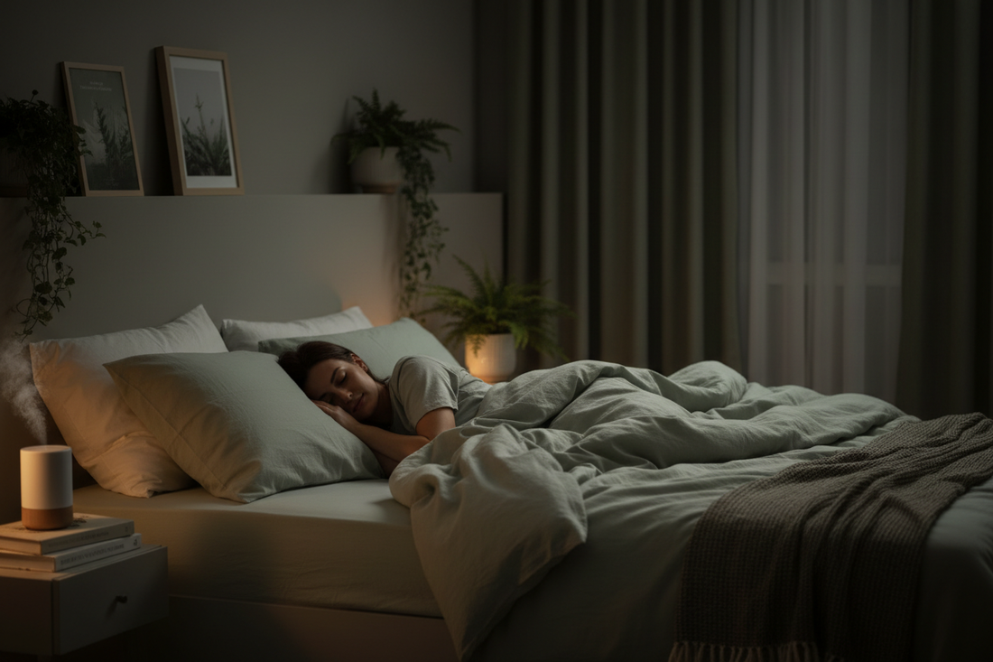 a woman sleeping peacefully in a darkened room, in soft muted colourway