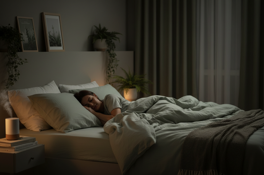 a woman sleeping peacefully in a darkened room, in soft muted colourway