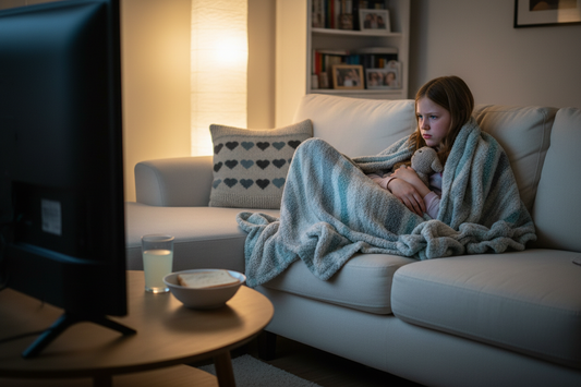 a young girl sat watching tv from the sofa, feeling unwell with tummy ache. The girl has a blanket wrapped around her and is holding a toy bear