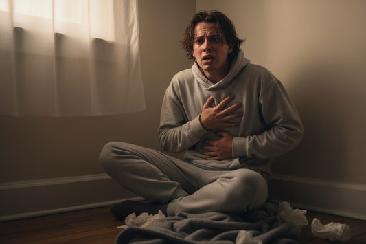 a man holding his chest sat on the floor in the corner of a room. He is wearing grey tracksuit bottoms and a grey sweatshirt his expression looks frightened